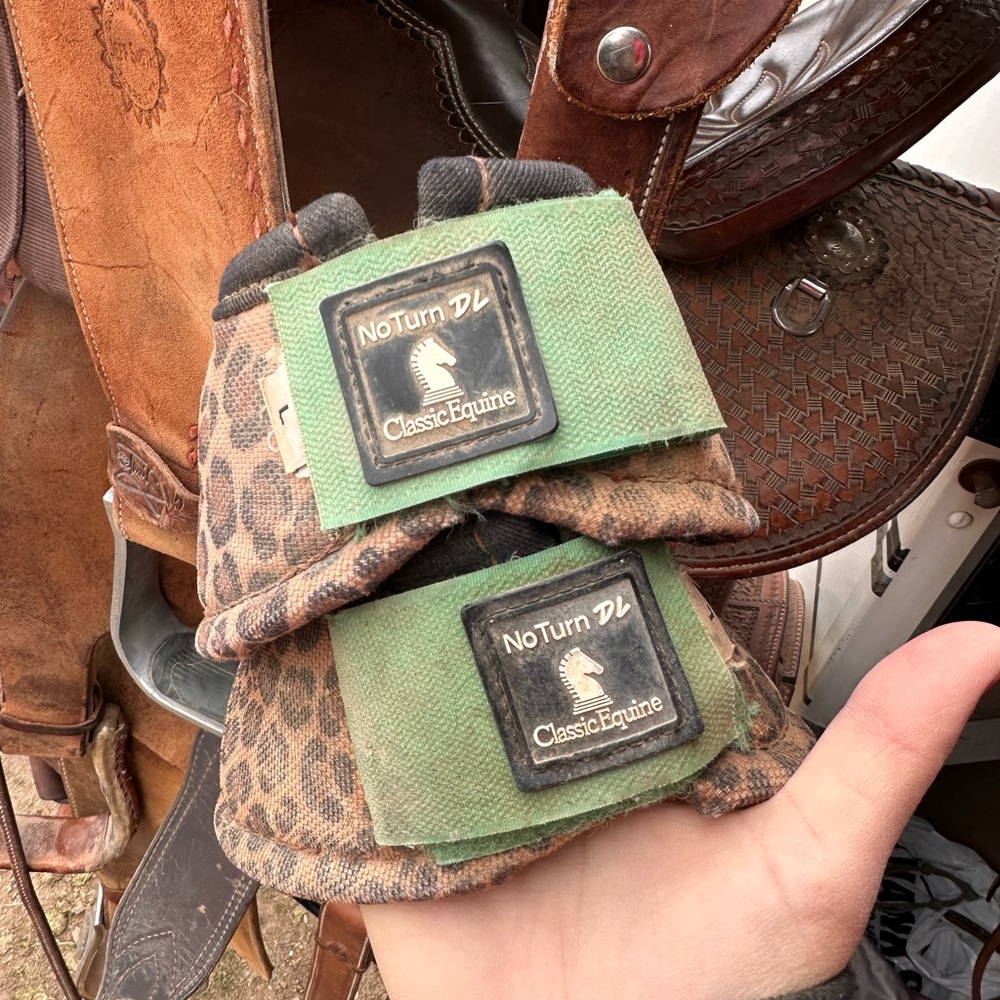 Leopard and Green/ Turquoises Horse Bell Boots Classic Equine large